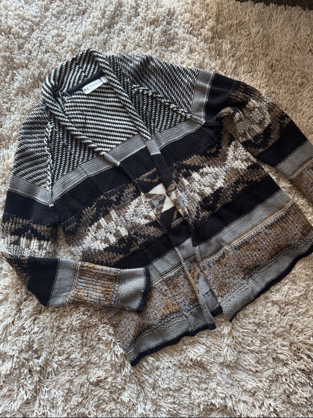 Retrofit Open-Front Patterned Cardigan - Black, Gray, Brown